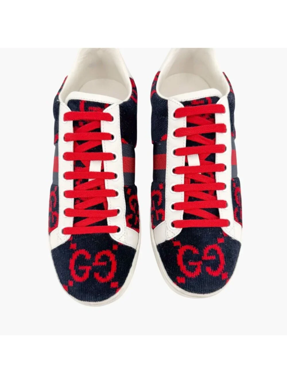 Gucci Ace Sneakers EU 38 US 8 Navy Blue & Red GG Monogram Corduroy Low Top Shoe